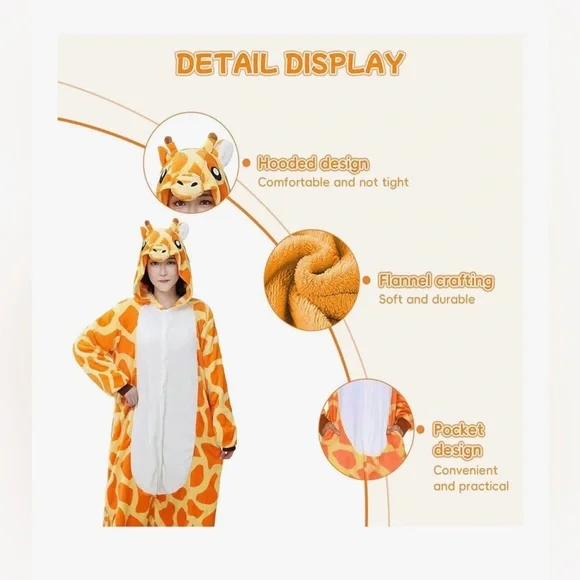 Giraffe Costume Adult Onesie Pajama Hooded Full Zip -Small - Picture 2 of 2
